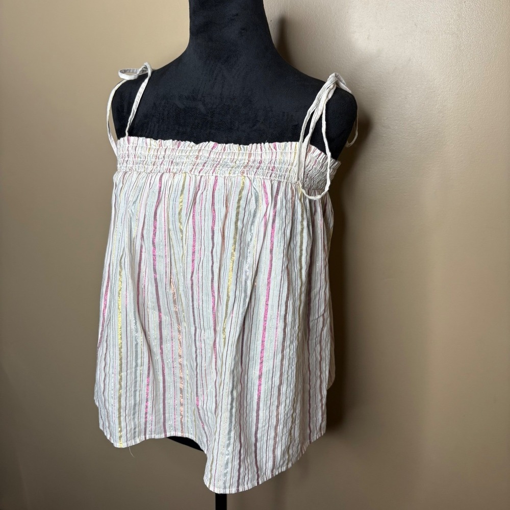 NEW Loft Women Large Metallic Striped Smocked Tie Strap Camisole Top Airy Summer